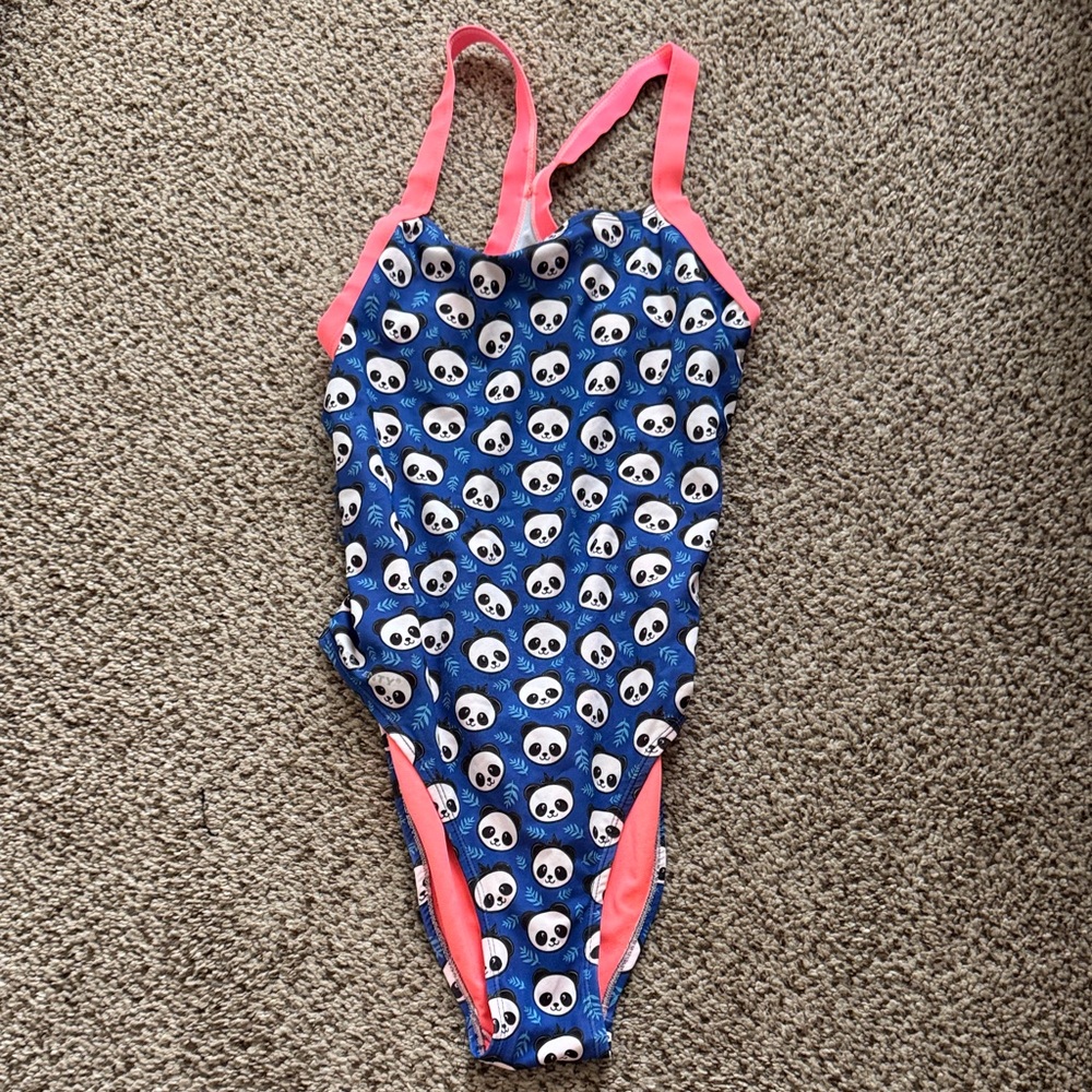 Womens' Blue Panda Print One-Piece Swimsuit with Pink Trim